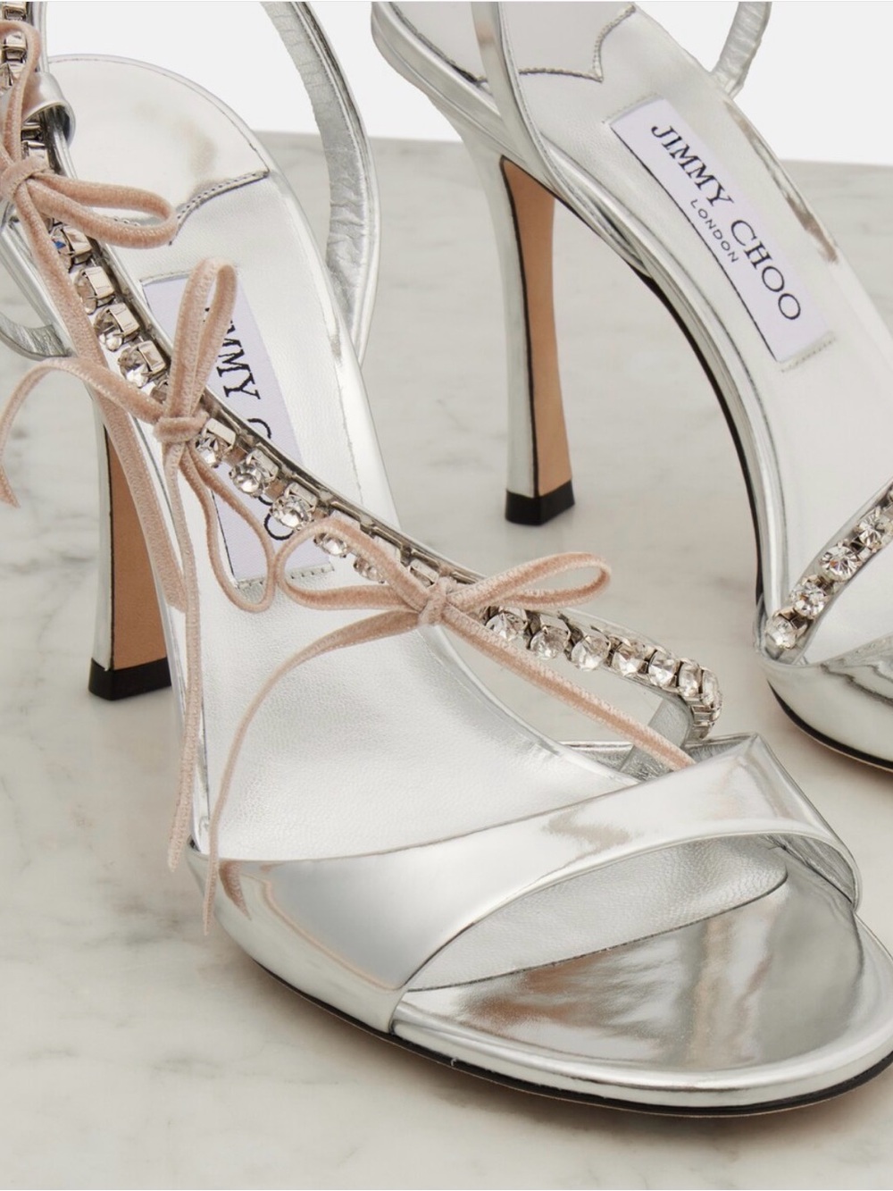 Jimmy Choo Silver Leather Crystal-Strap Heels with Blush Ties